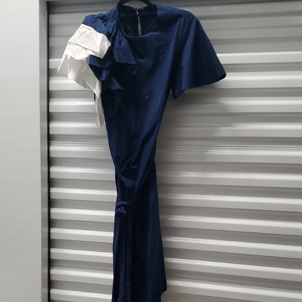 Nwt $1140 Delpozo Blue and White Asymmetrical Wrap Gown with Mock Neck